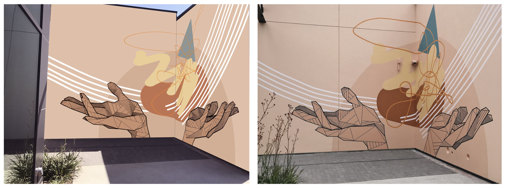 Side by side example of a hand-painted mural paired with it's digital mockup