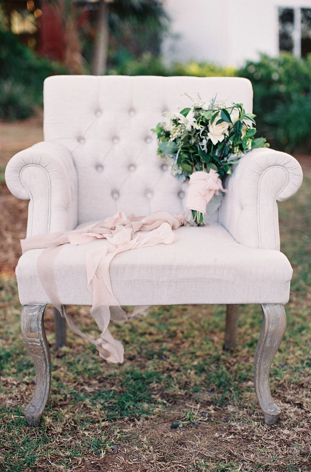 french linen tufted armchairs — Little Gray Station Wedding Styling