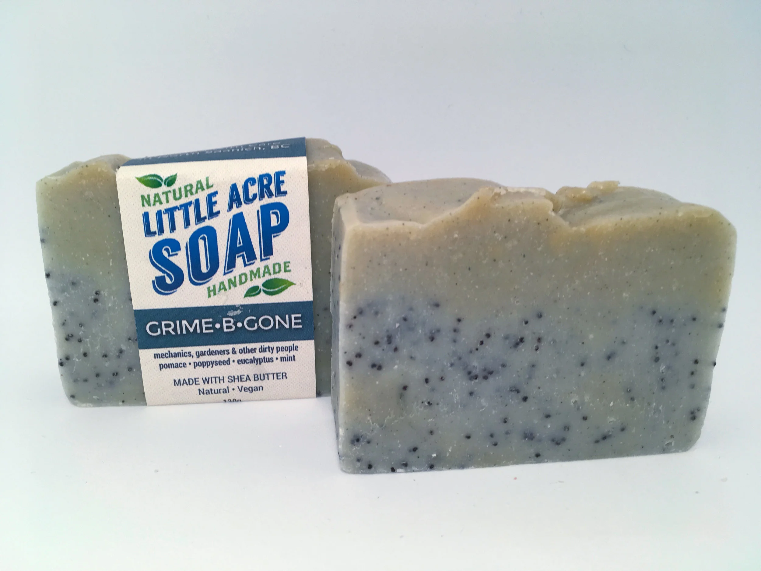 GRIME-B-GONE Calling all dirty people! This bar is packed with ground pumice stone to help chase away deeply embedded dirt and grime. Pleasantly scented with Eucalyptus and Peppermint, which can also help heal small knicks and cuts.