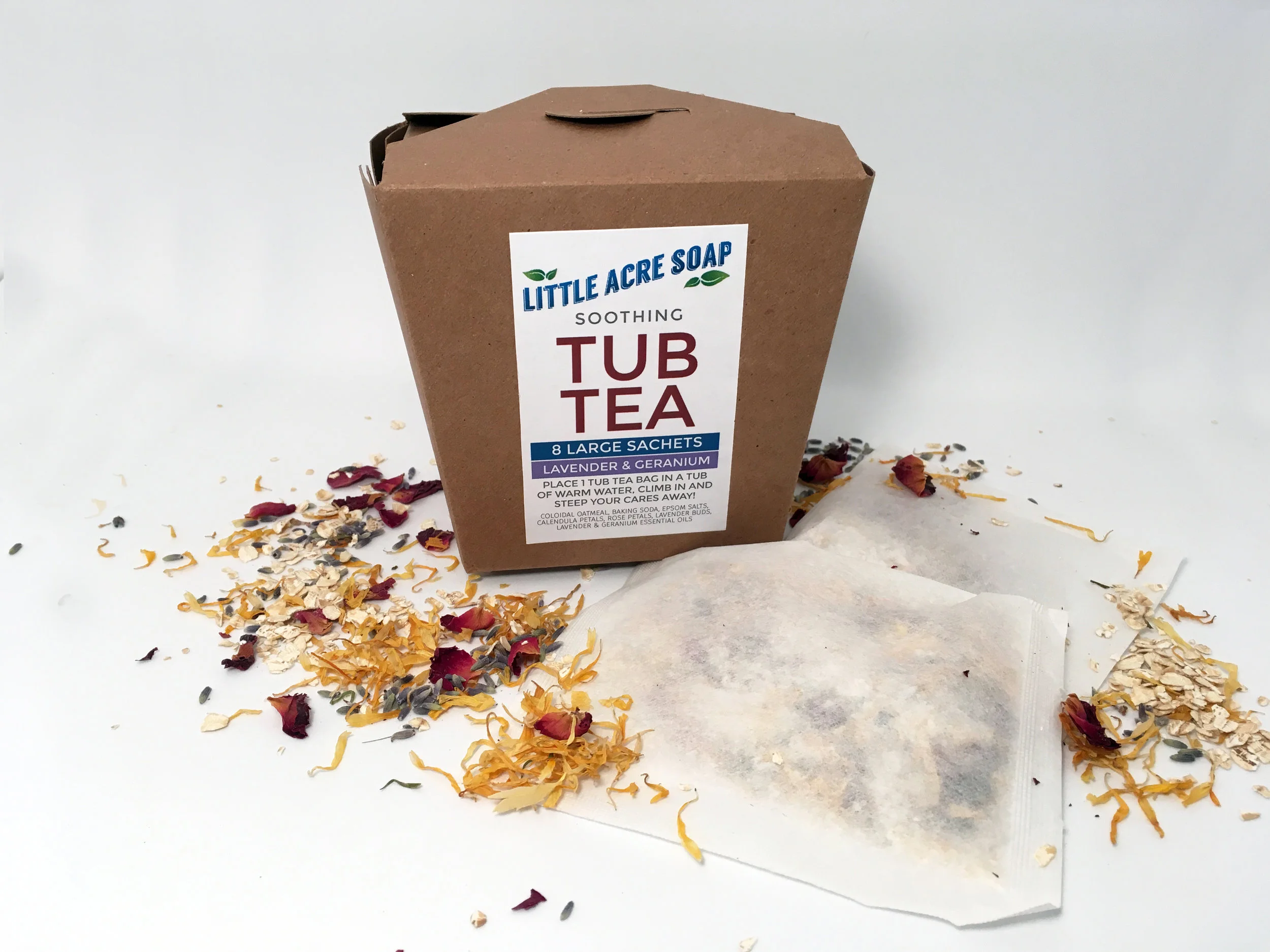 TUB TEA A soothing soak in gently scented waters while your skin is nourished, conditioned and soothed — mmm, sounds great! Each box contains 8 large tea bags filled with Colloidal Oatmeal, Baking Soda, Epsom Salts, Calendula Flowers, Rose Petals, Lavender Buds, and is scented with Lavender and Geranium essential oils. Place a bag in your warm bath and steep your cares away! Makes a great gift (or keep it for yourself...you deserve it!). $10
