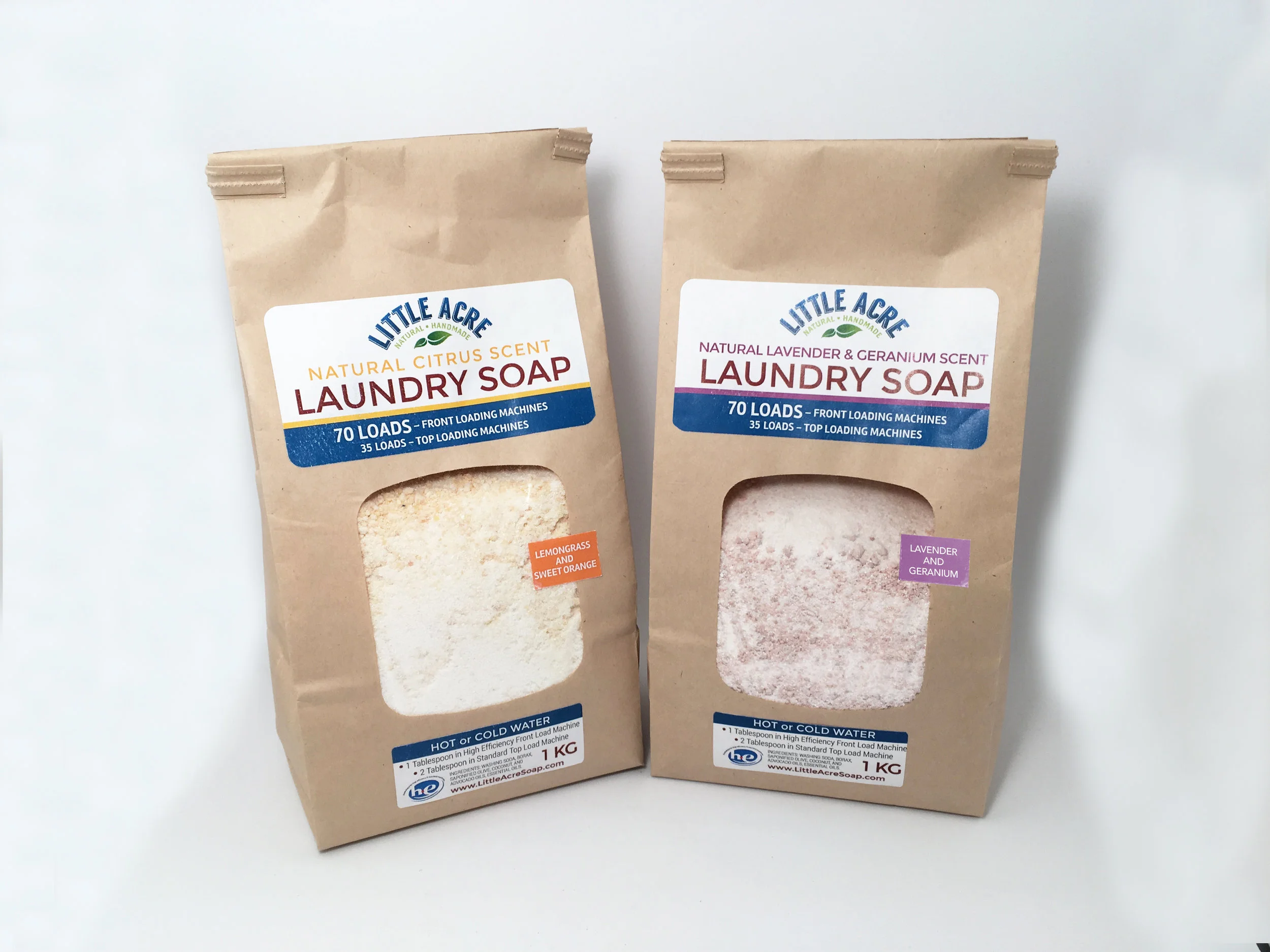 LAUNDRY SOAP The all-natural laundry soap you've been looking for! Available in two scent blends, Little Acre's Laundry Soap is powerful on dirt and stains while being gentle on the earth and your fabrics. We make a special soap bar for this, then grate it up very fine and combine it with Borax (a naturally occurring mineral that whitens and disinfects) and Washing Soda (a naturally occurring mineral that whitens, brightens and cleans deeply). A little goes a long way, with front-load machines needing just 1 Tablespoon per load (top loaders will need 2 Tablespoons), working out to just over 13¢ per load! Lemongrass/Sweet Orange, or Lavender/Geranium. $10