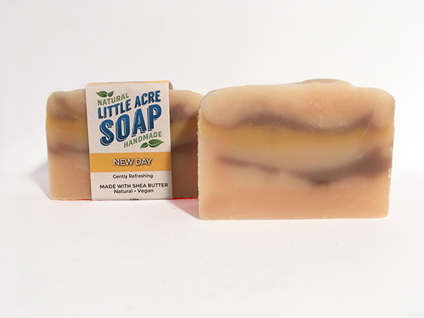 NEW DAY A fresh and gentle blend of citrus oils, this perky soap is the newest member of the Little Acre family and has already proven to be a big hit! Happy scents from Pink Grapefruit, Sweet Orange, Lemongrass and Lime help get your day started in the right direction, without being too bossy and in-your-face. Good morning!