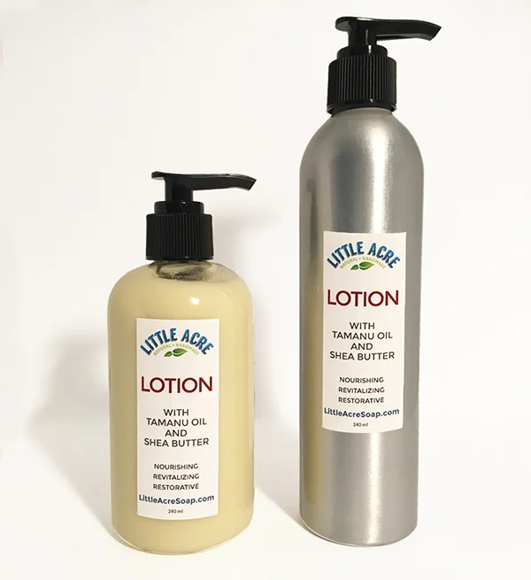 Tamanu & Shea Lotion – available in plastic or aluminum bottles Tamanu oil is a skin-saving powerhouse, with wondrous skin benefiting properties. It helps protect the skin’s moisture barrier, soothes and revitalizes, promoting healthy looking skin. Shea butter is ideal for softening skin and has anti-inflammatory and healing properties, and is a rich moisturizer. Lavender essential oil combines with the natural earthy scent of tamanu, giving this silky lotion a pleasant aroma — a little bit exotic with some citrus notes. $15 / 240ml