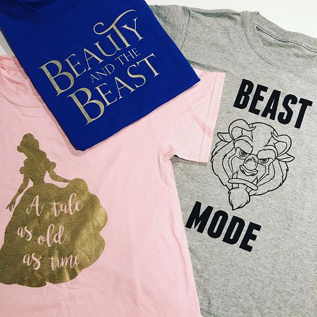 My merch + final logo design for the Beauty and the Beast musical at @prescottparkartsfest last summer! Currently wearing BEAST MODE myself, and putting the other tees away until they fit the babes 😬 The logo uses a type face that I customized to fi