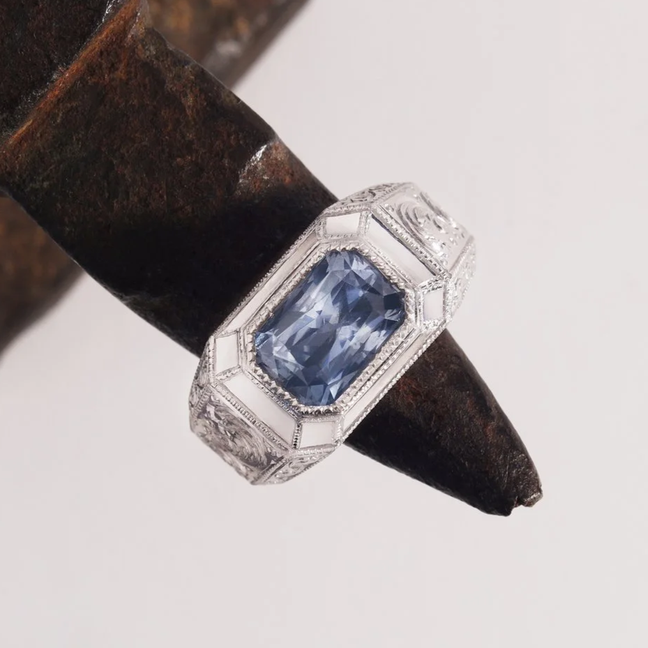3.06ct radiant cut sapphire in solid, hand engraved platinum -SOLD