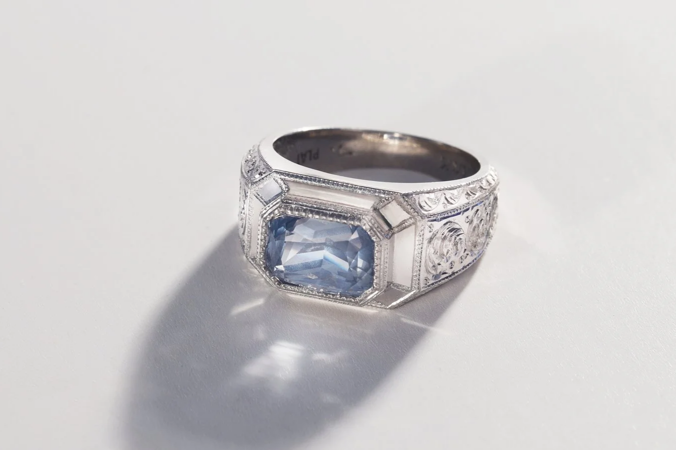3.06ct radiant cut sapphire in solid, hand engraved platinum -SOLD