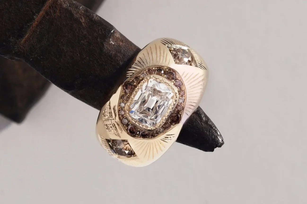 Custom made, 1.5ct old mine cut diamond & champagne diamonds in hand engraved 14k gold. 