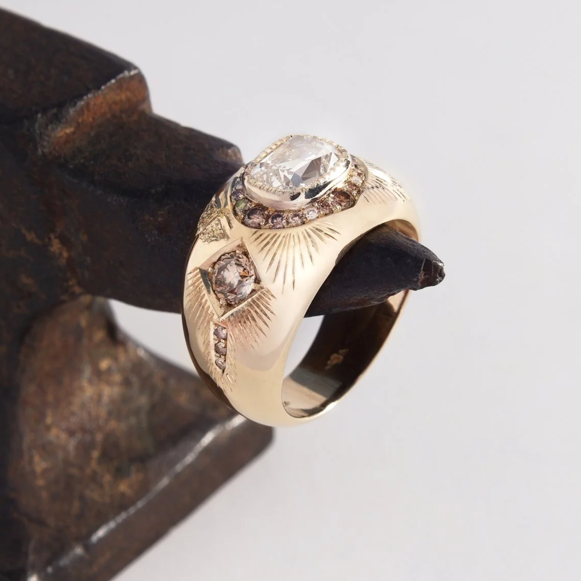 Custom made, 1.5ct old mine cut diamond & champagne diamonds in hand engraved 14k gold. 