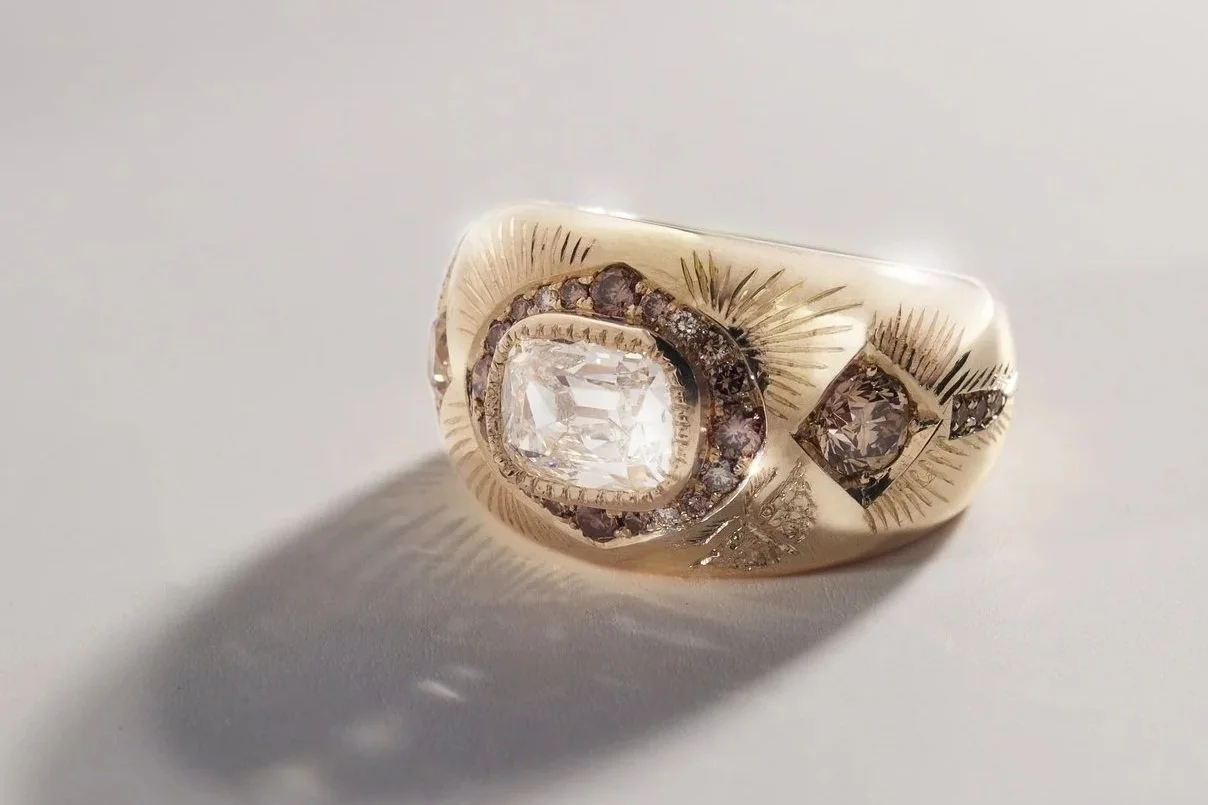 Custom made, 1.5ct old mine cut diamond & champagne diamonds in hand engraved 14k gold. 