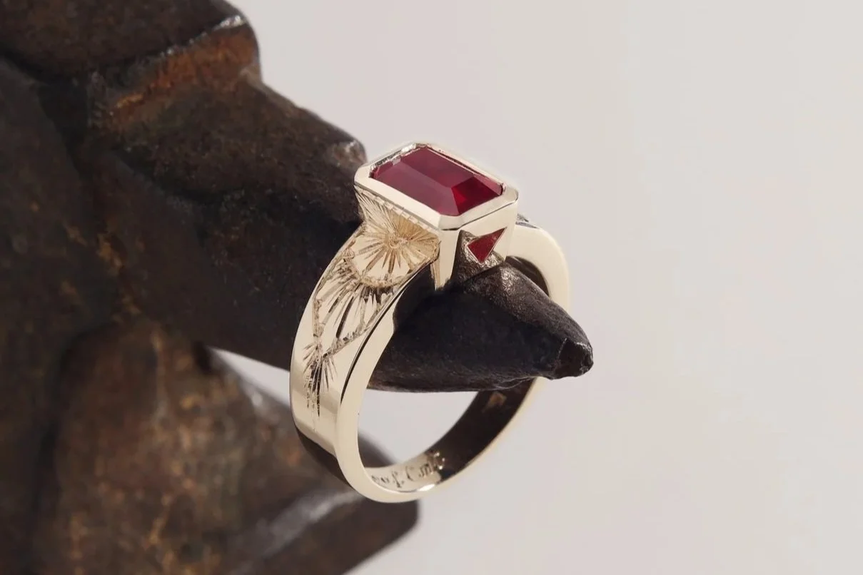 Pigeon's Blood ruby in custom made yellow gold ring