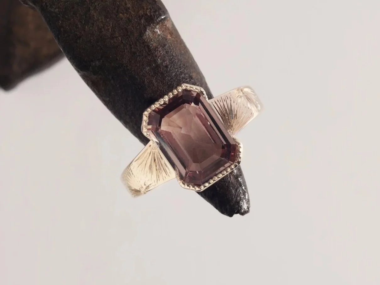 3ct champagne sapphire in hand engraved yellow gold
