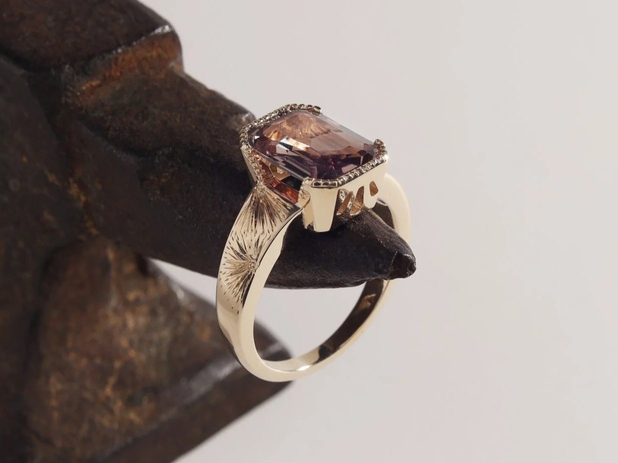 3ct champagne sapphire in hand engraved yellow gold