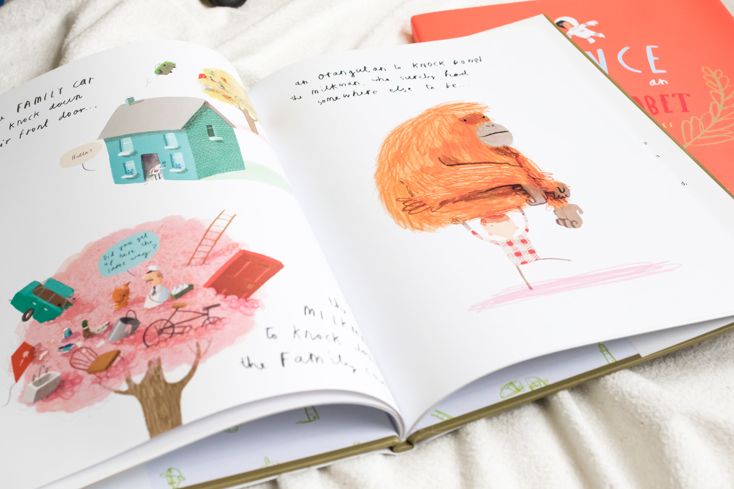 Stuck is a hilarious book. This little boy gets a kite stuck in a tree, and he ends up throwing everything around, including a blue whale and a firetruck up on tree to try to get the kite down. Once upon an Alphabet is wonderful book with short