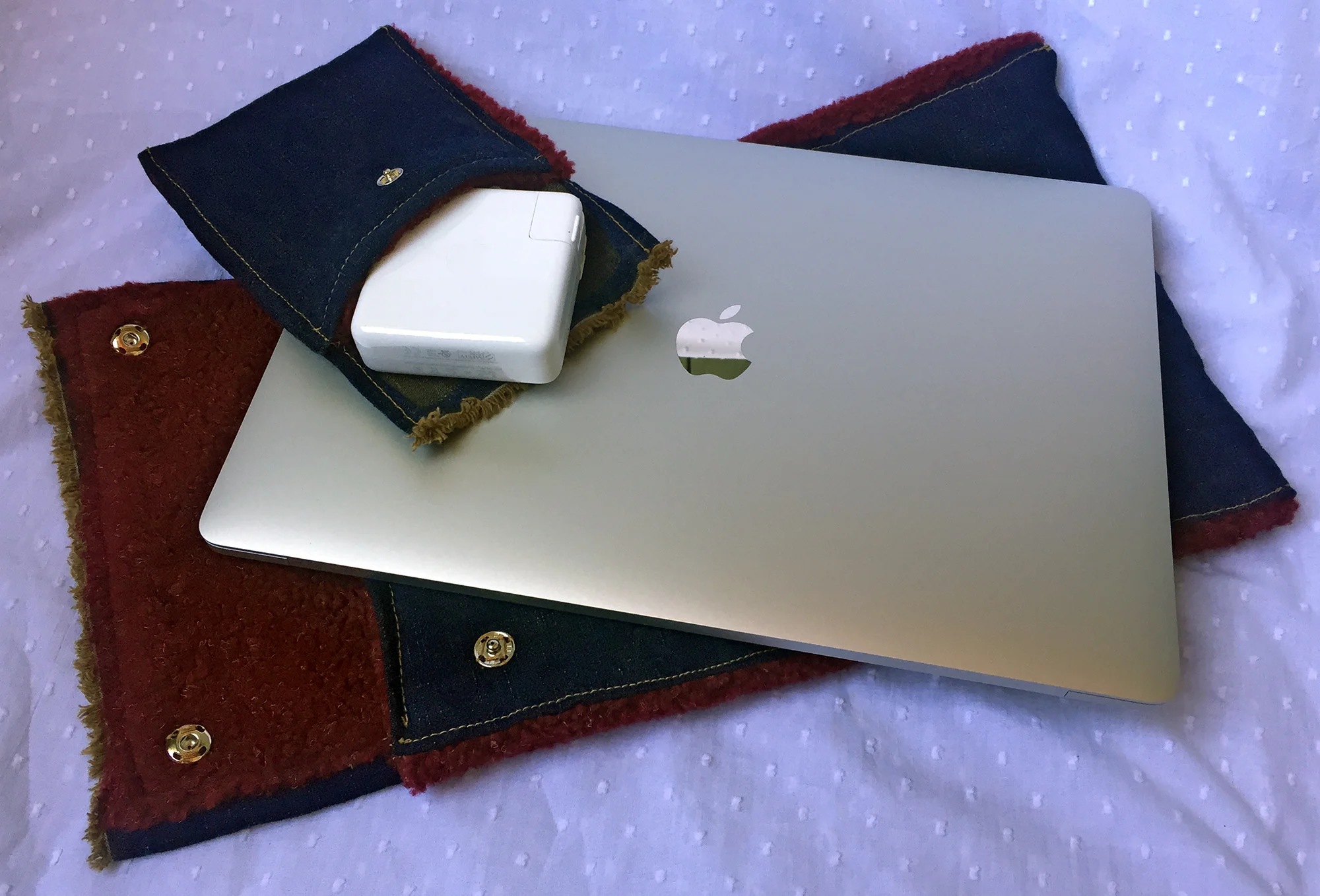 Computer and accessory cases made from dye tested fabric scrap.