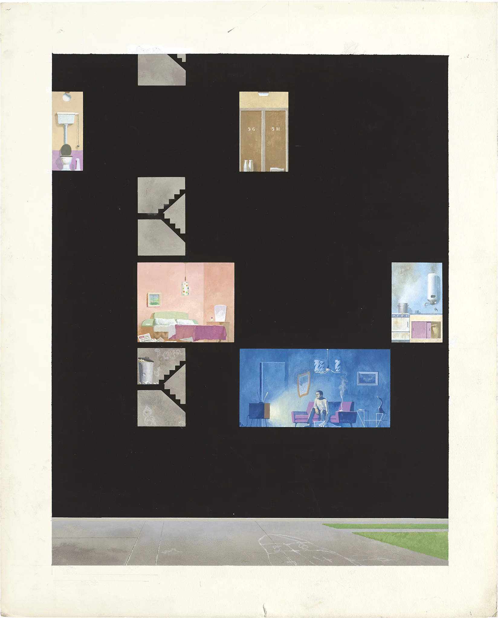 Gino D’Achille, Nova – Life on a Council Estate 2 . c 1965, acrylic on board Painted for Nova magazine in conjunction with Life on a Council Estate 1 , D’Achille peels away the stylish modernity of the building's façade to illustrate the council residents' imagined lives. © Gino D'Achille, courtesy of Lever Gallery