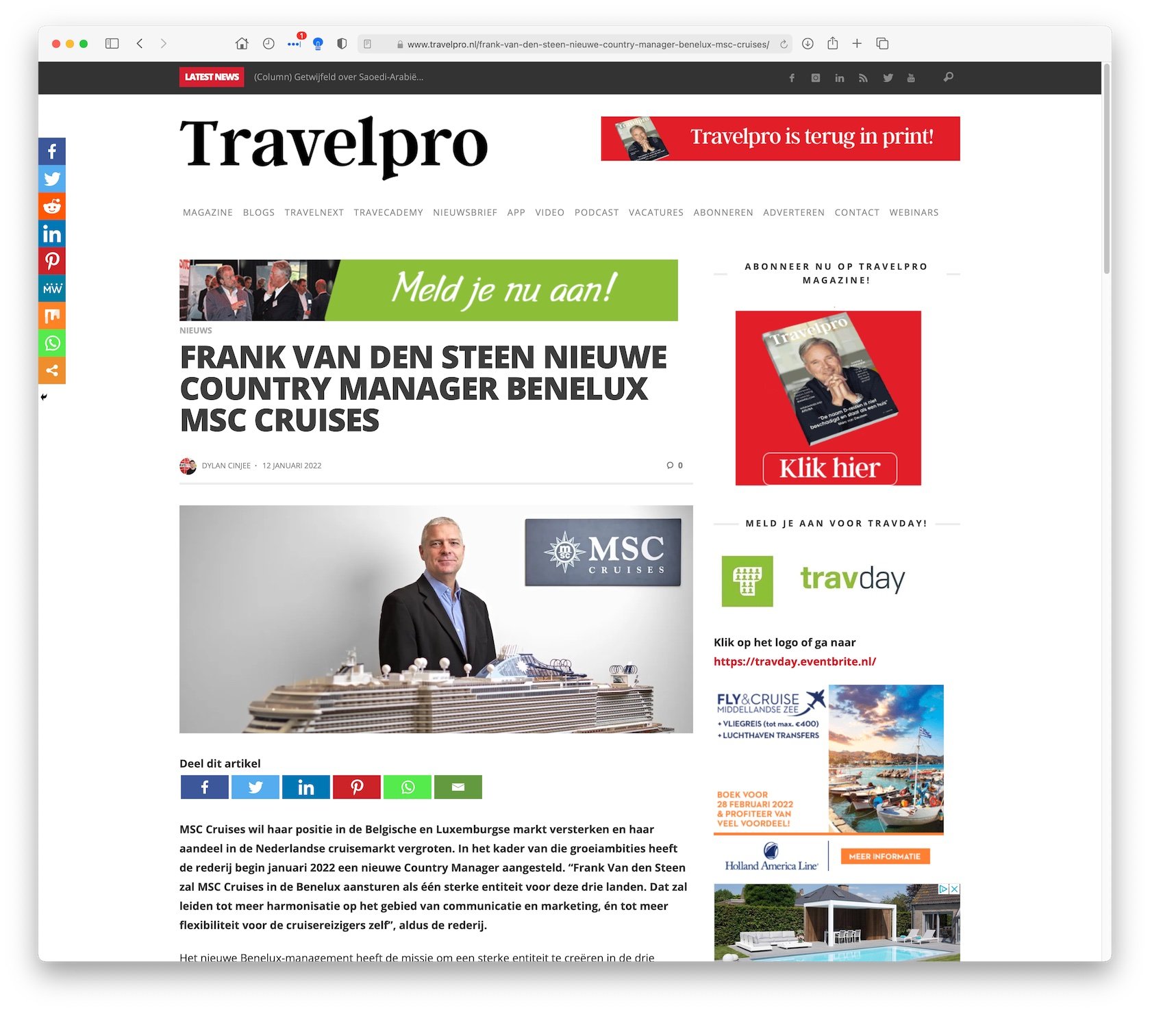 Frank Van den Steen, MSC Cruises, on Travelpro.nl