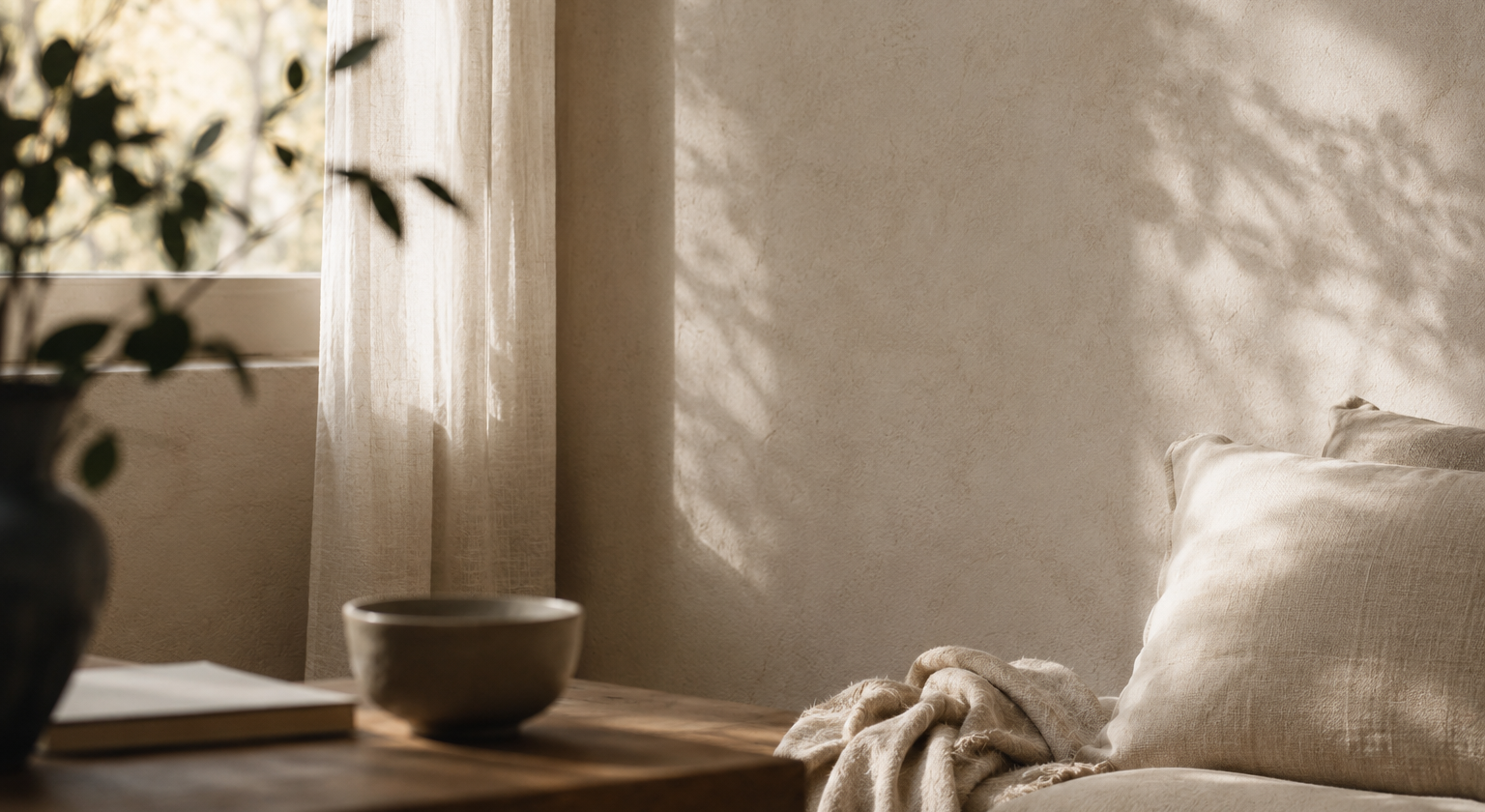 Espacio tranquilo iluminado por luz natural que evoca calma, presencia y autocuidado, representando el programa oficial Mindful Self-Compassion (MSC) de SUKHA Mindfulness.