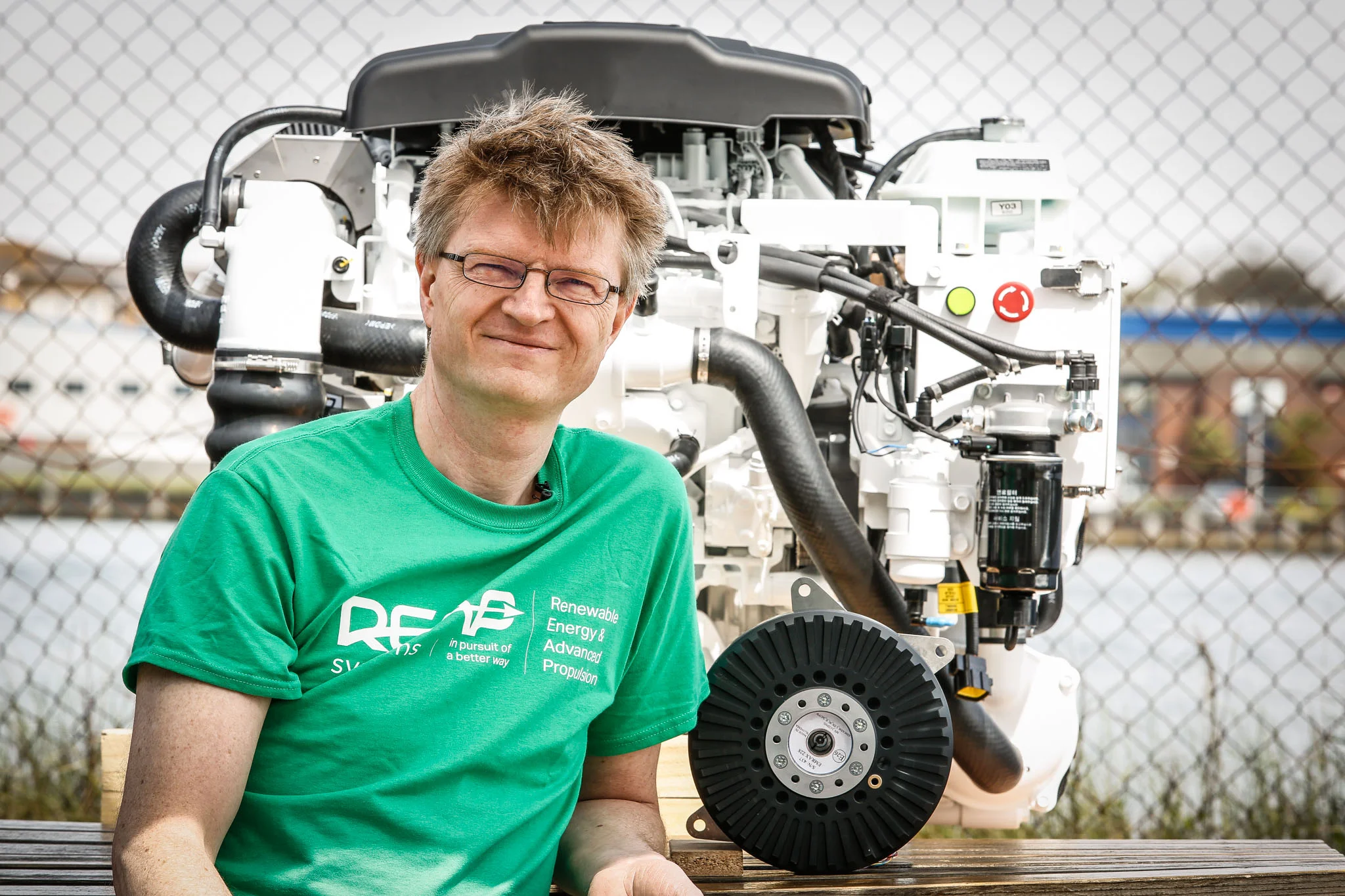 Our founder, Dr Dennis Doerffel with the diesel engine and the high power electric motor. This size of electric motor could power a whole pilot boat at more than 6 knots, which demonstrates the high power density and efficiency of electric machines.
