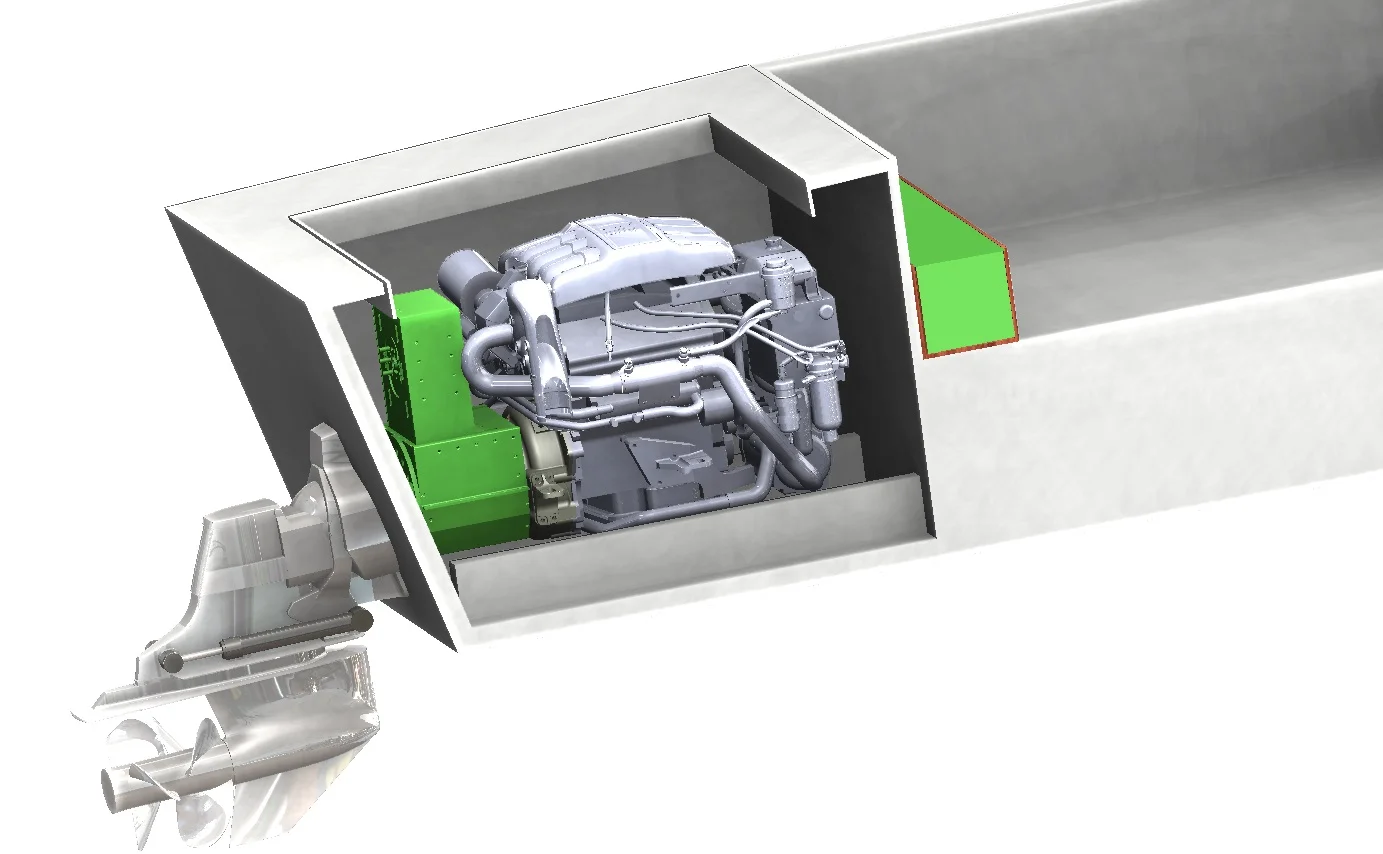 Rendered images of the hybrid diesel electric engine to be installed in our original Venice water taxi.