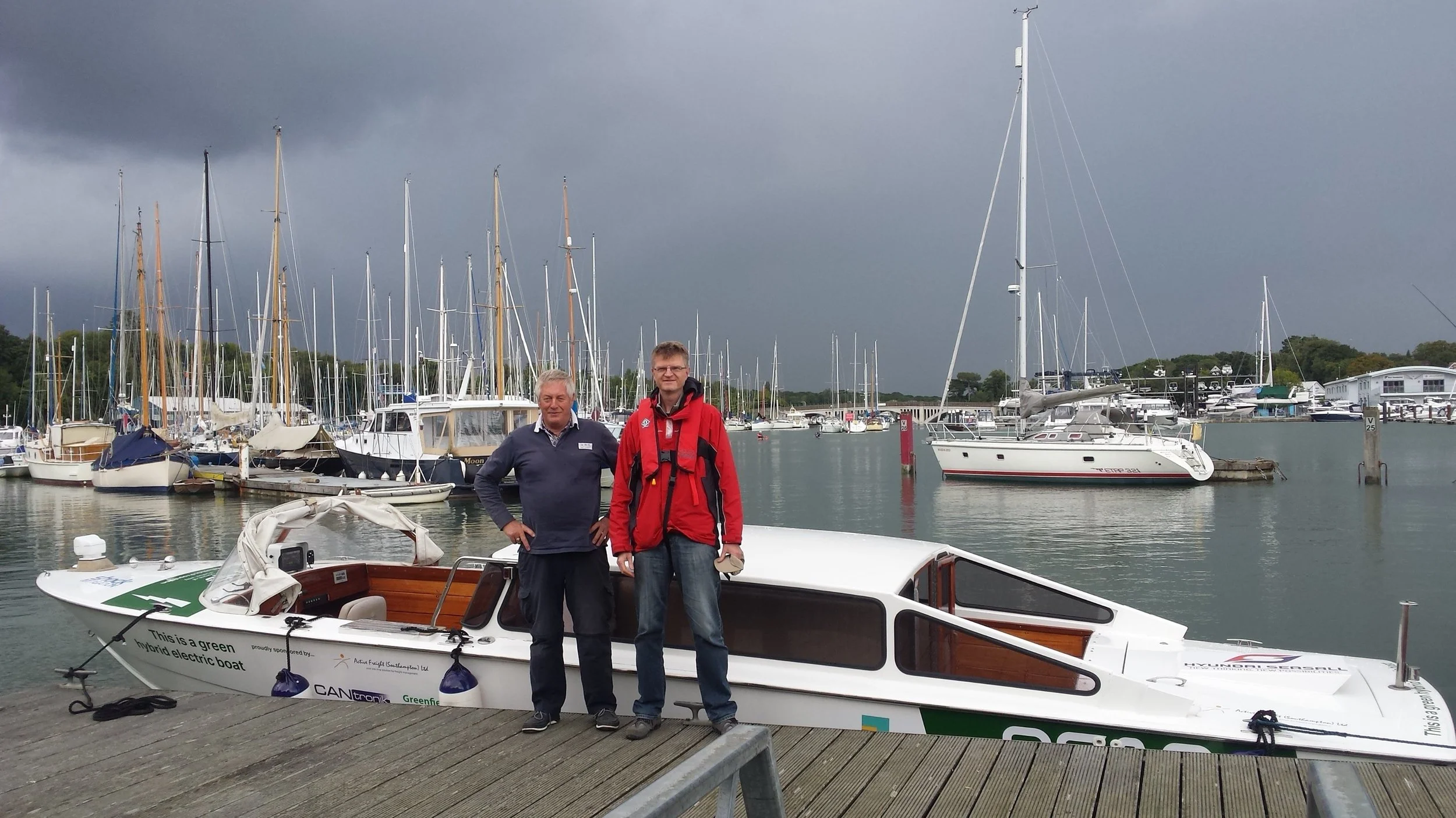 Brian and Dennis before popping over to the Isle of Wight on the hybrid Taxi Boat. Brian helps us out with driving the boat and is actually overseeing its transport to Venice later this year. Find out more about his services here www.boat-towing.co.uk