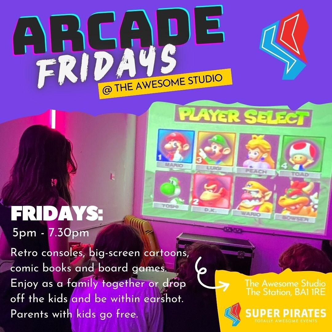 ARCADE FRIDAYS! 🎮Every Friday at The Awesome Studio in Frome, come and share the old school entertainment that made YOUR childhood awesome. You can either join your kids and play Super Smash Bros together, or you can smash a pizza right next door wh