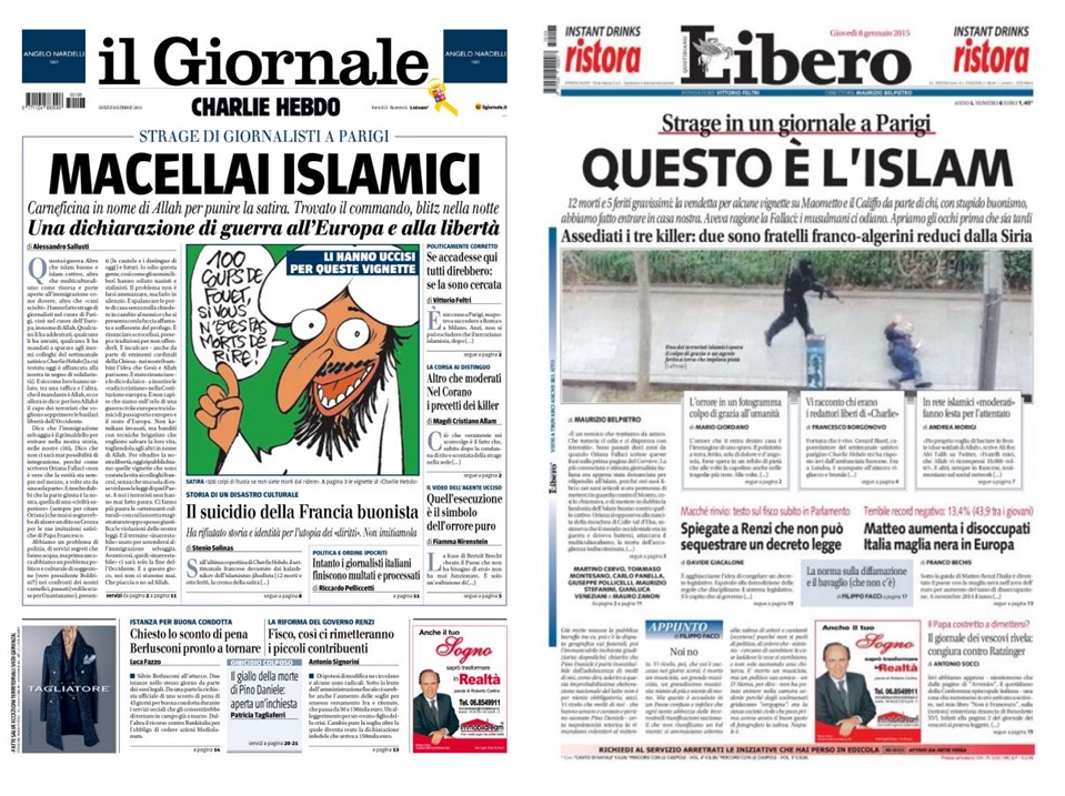 Le prime pagine de il Giornale e Libero del 8 gennaio 2015