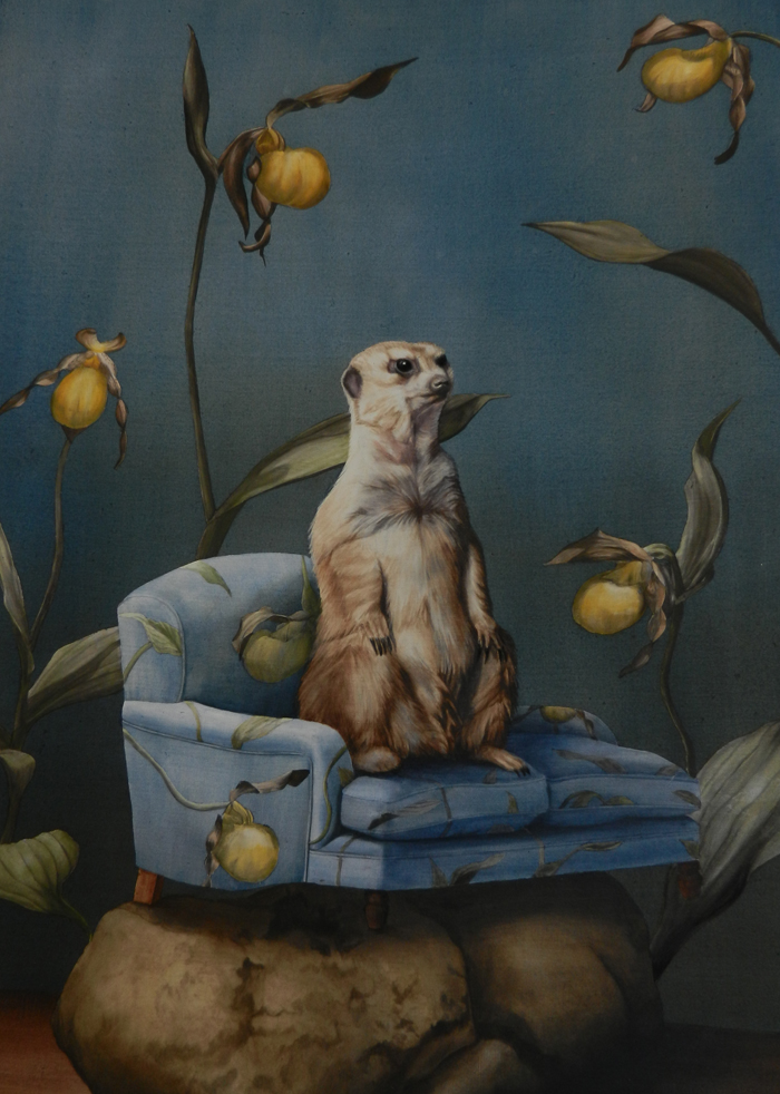 Meerkat and Ladyslippers acrylic on panel 18 x 24 SOLD