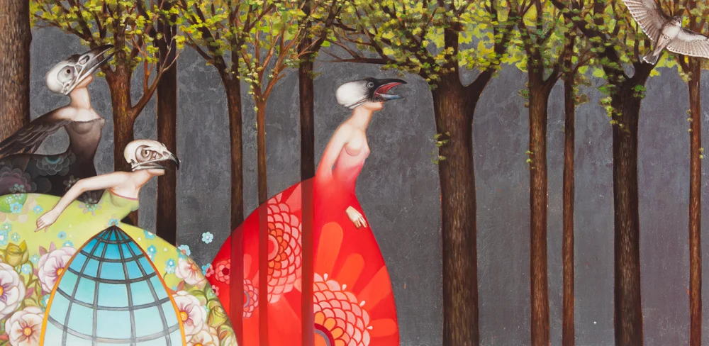 The Lingerie Sale oil and silver leaf on panel 12 x 24 SOLD