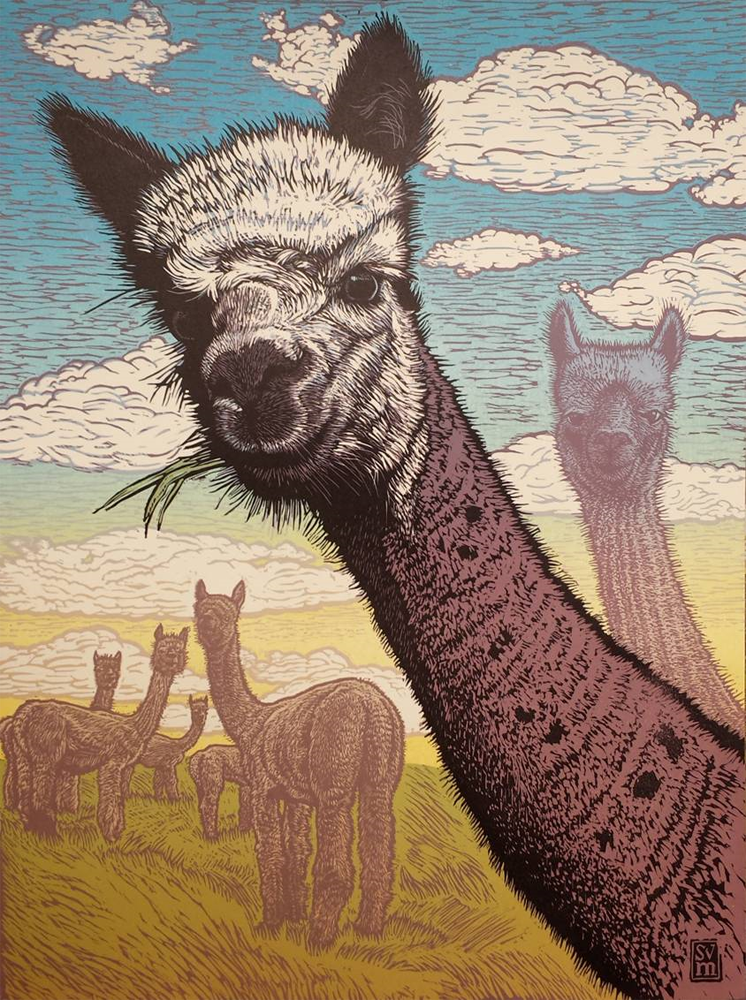Alpaca Sky reduction linocut 32 x 26 $700