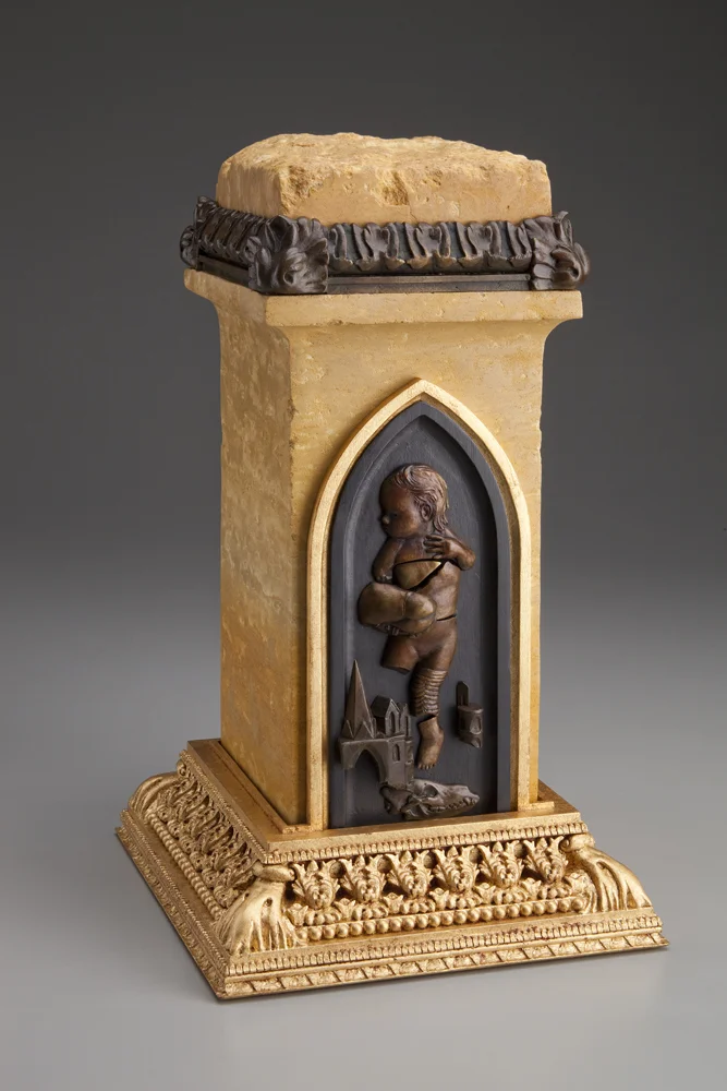 Figure Thirteen - The Disease of the Displaced Child $4,000 bronze, Minnesota limestone, wood, resin, acrylic, gold leaf 15 x 8.5 x x 8.5