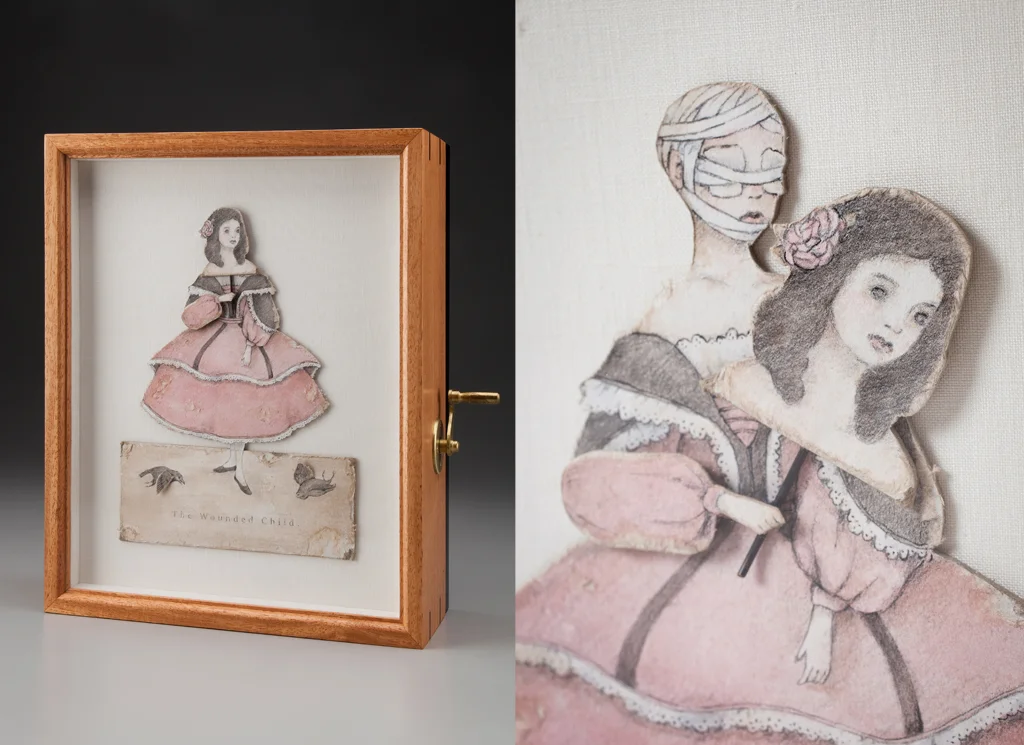 The Wounded Child SOLD mahogany, ebony, brass, paper, board, acrylic, fabric, handmade brass and aluminum mechanisms 13.5 x 11 x 4.75