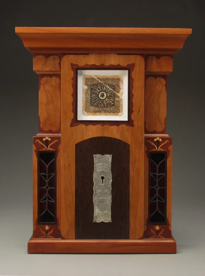 Figure Seven - Biform View of a Girlchild, Aged Seven Years $3,000 letterpress prints, acrylic, linen, wood, stained glass, magnesium 23.5 x 18 x 5.5