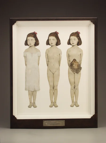Figure Three - Ternary Degrees of a Girlchild $1200 lithograph prints, acrylic, stained oak, fabric, magnesium, glass 28 x 22.5 x 3.5