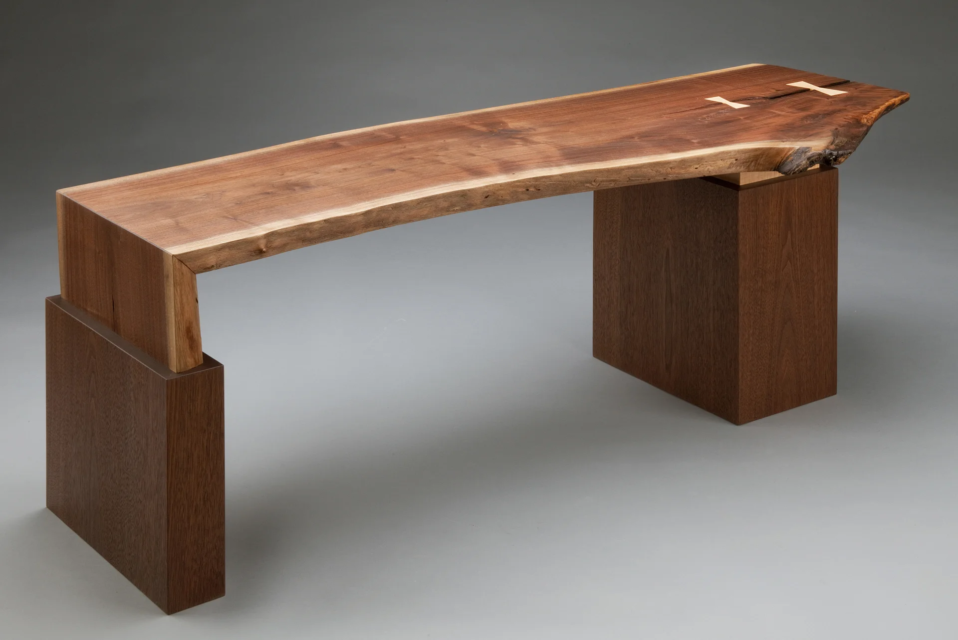 Live Edge Bench SOLD black walnut and curly maple 20 x 53 x 18