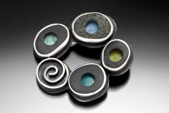Brooch sterling silver, lake stone, enamel