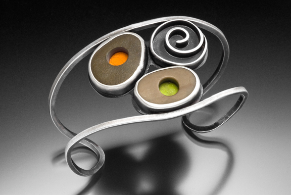 Cuff sterling silver, lake stone, enamel
