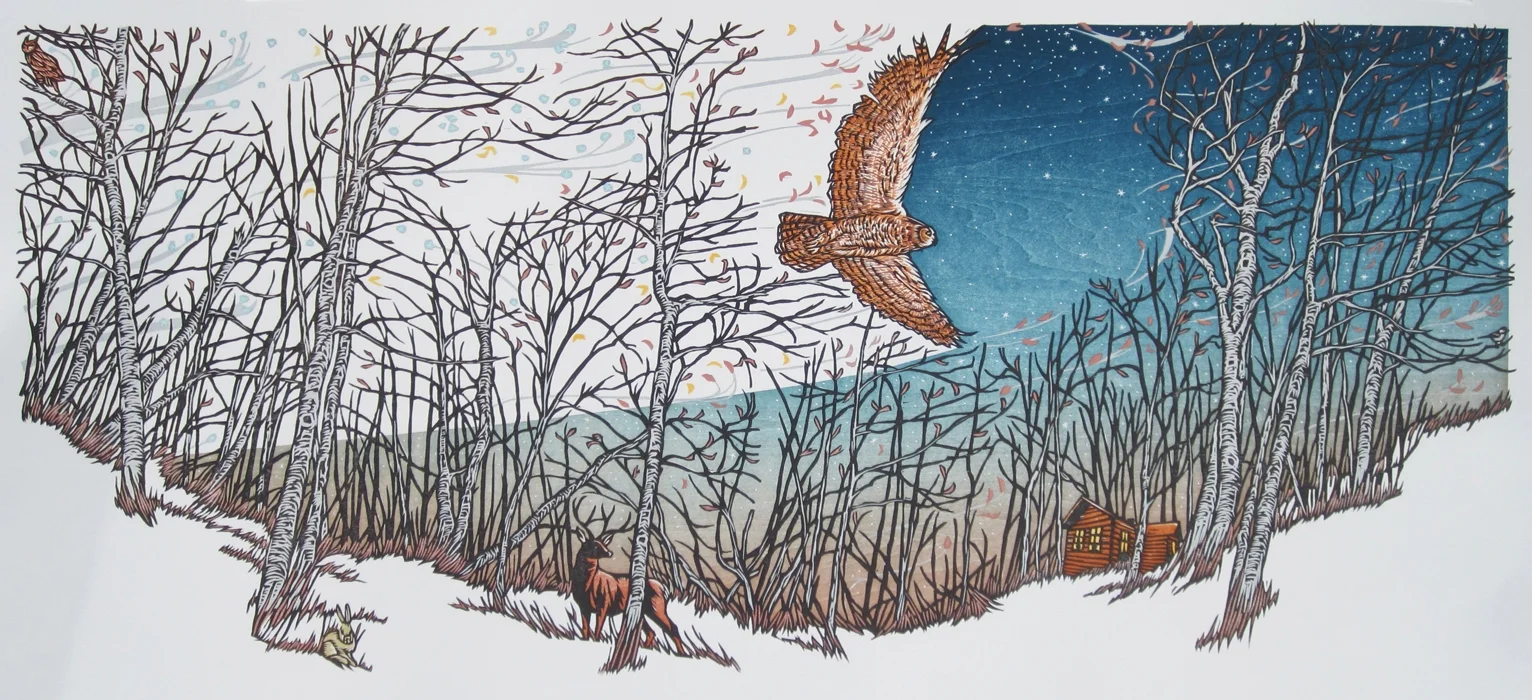 Hush Hush, Forest Reduction Woodcut 20” x 36” Framed $1100 framed ($900 unframed)
