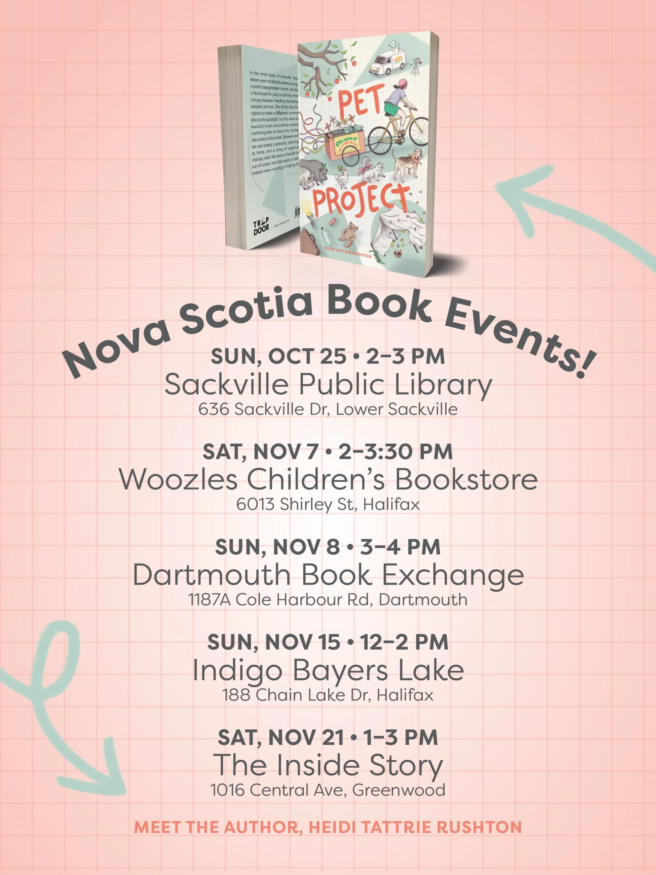 Lots of fun events coming up to celebrate the launch of PET PROJECT! 

Sunday will be the launch party at the Sackville Library. There will be a reading from the book, a little Q&amp;A, and fun PET PROJECT changemaker themed activities for the whole 