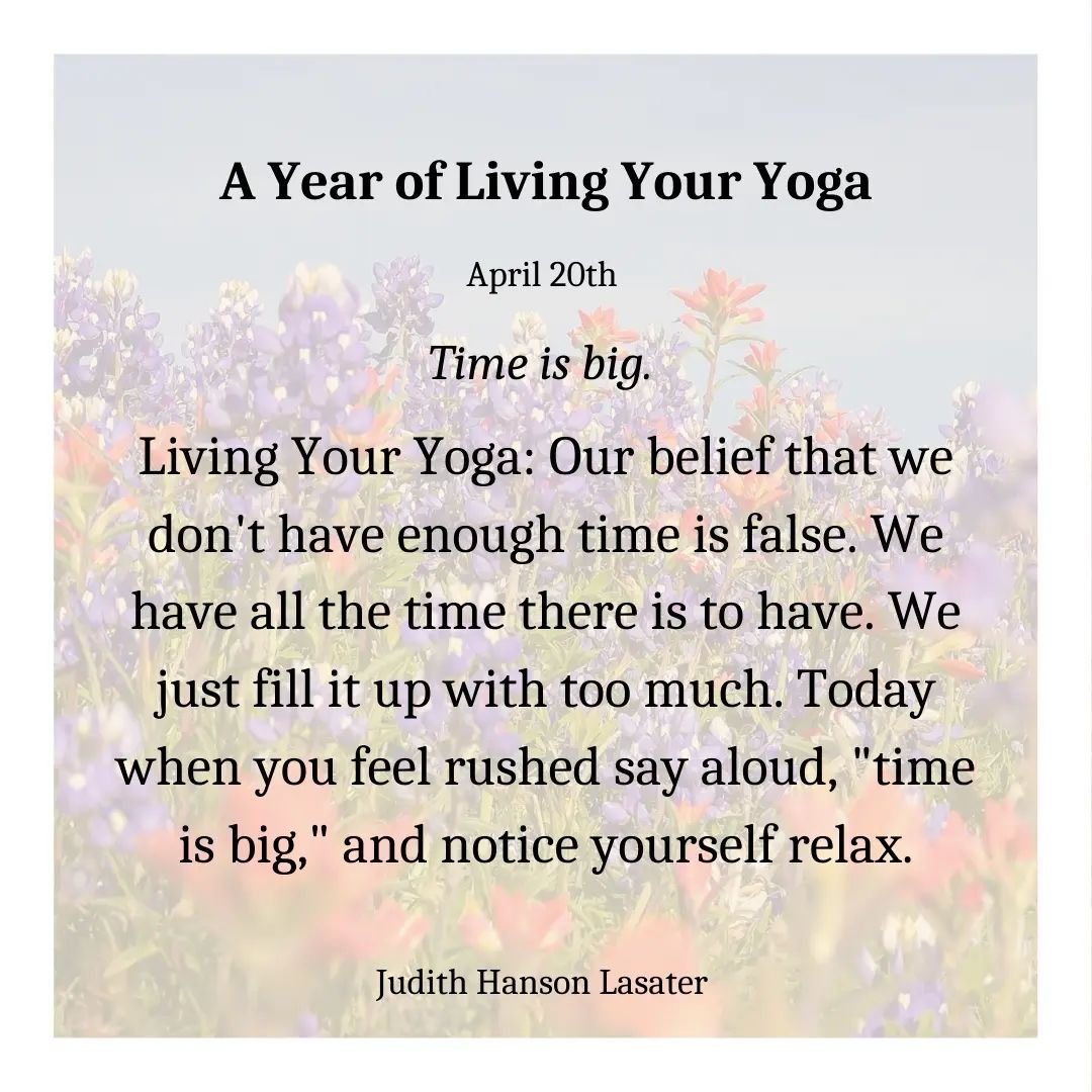 From A Year of Living Your Yoga by Judith Hanson Lasater 

April 20th 

Time is big. 

Living Your Yoga: Our belief that we don't have enough time is false. We have all the time there is to have. We just fill it up with too much. Today when you feel 