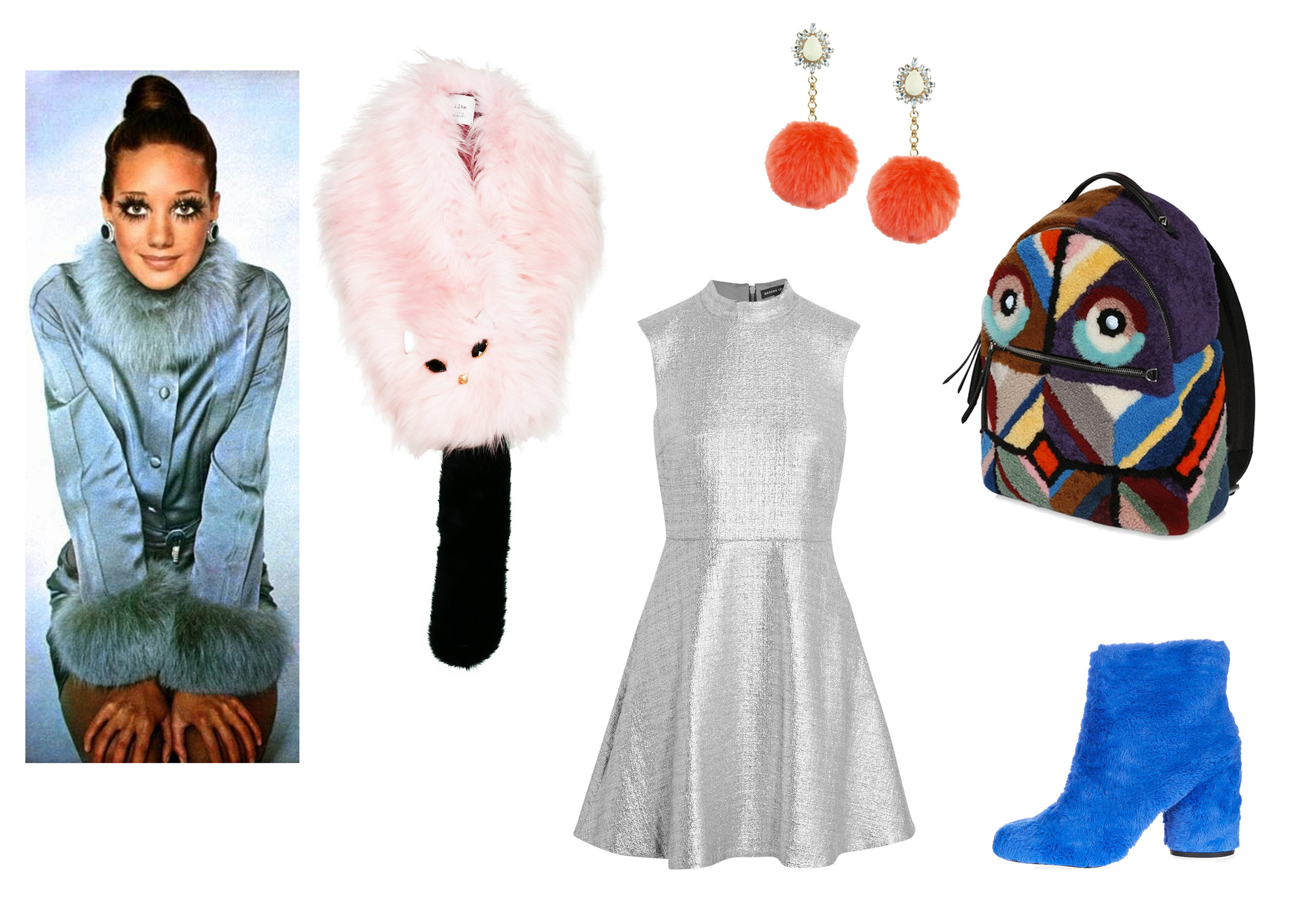 Fur Scarf By Cléo Ferin Mercury , Fur Backpack By Fendi , Silver Dress by Markus Lupfer , boots by Topshop , Earrings by Silk Fred .