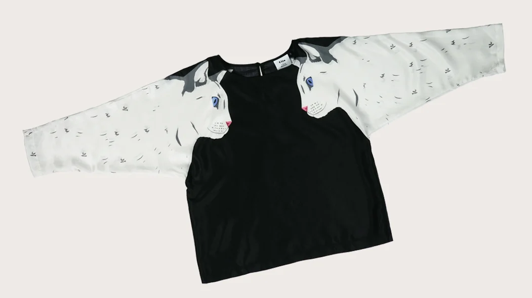 White Cat Blouse In Black - Cat Print Top - Womens - Cotton:Silk (flat).jpg