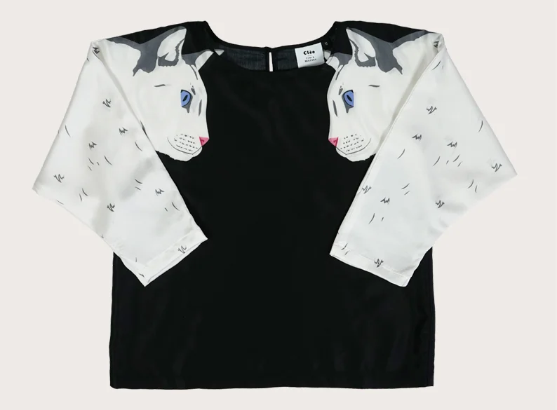 White Cat Blouse In Black - Cat Print Top - Womens - Cotton:Silk (flat2).jpg