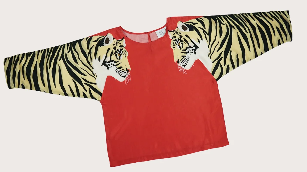 Beige Tiger Blouse In Red - Tiger Print Top - Womens - Cotton Silk (flat) Cleo Ferin Mercury animal print.jpg