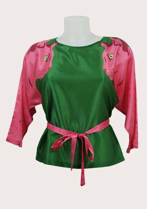 Pink Cat Blouse In Green - Cat Print Top - Womens - Cotton Silk (front) Cleo Ferin Mercury animal print.jpg
