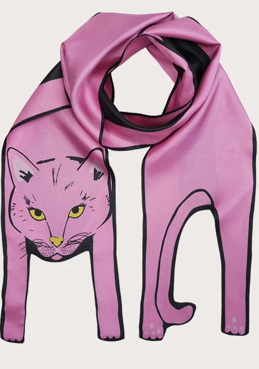 small cat in pastel pink long silk scarf Cleo Ferin Mercury animal print.jpg