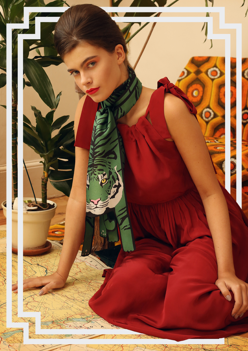 small green tiger in green long silk scarf.jpg
