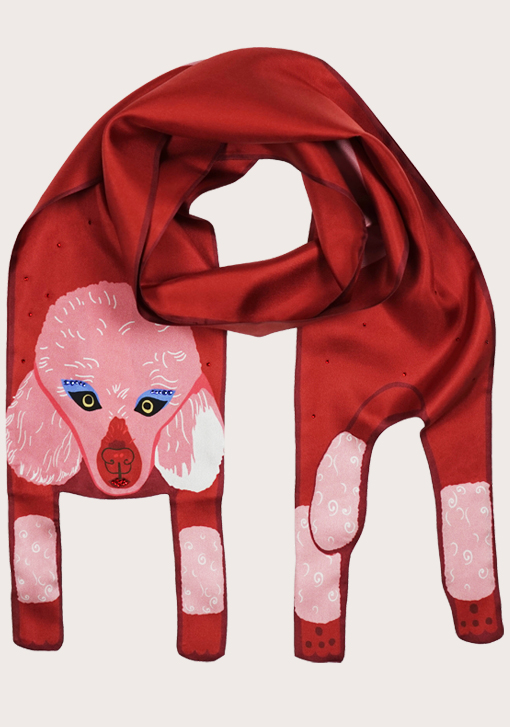 Small Evening Red Poodle Silk Scarf with Swarovski Diamante Embellishments - Cleo Ferin Mercury - designer fashion scarf.jpg