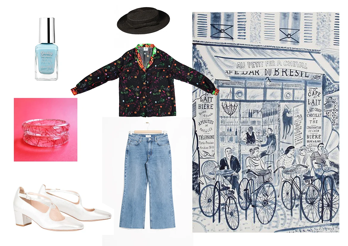 Beautiful illustration by Emily Sutton . Shop the look: Nail varnish by Barry M , Bangles by Bow and Crossbones , Shoes by Camilla Elphick , Hat by Mademoiselle Chapeaux , Shirt by Cléo Ferin Mercury , Jeans by &Other Stories.