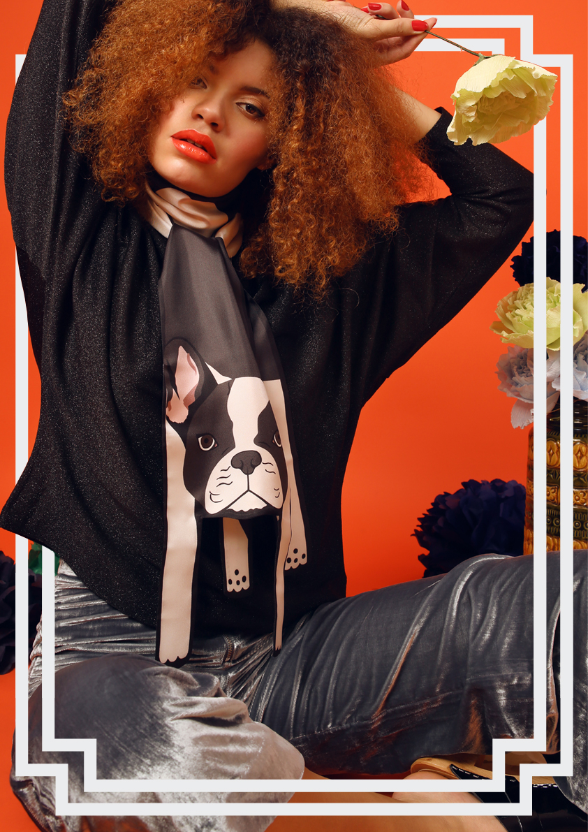 Cleo Ferin Mercury AW18 Designer Small French Bulldog Silk Scarf Animal Wrap Around Knot.jpg