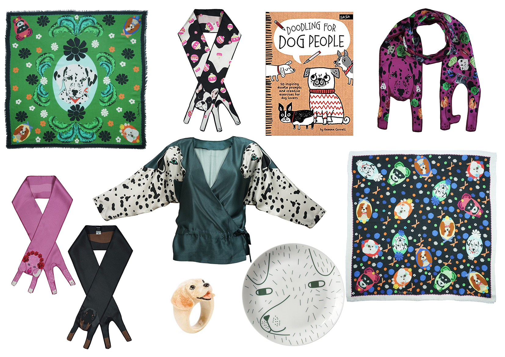 Clockwise : Dalmatian Square Scarf and French Bulldog Silk Scarf by Cléo Ferin Mercury, Doodling for Dog People Book by Gemma Correll , Dalmatian SIlk Scarf and Dog Print Square Scarf Cléo Ferin Mercury , Dog Plate by Donna Wilson , Labrador by Nach Bijoux , Dalmatian Print Top , Poodle Silk Scarf and Daschund Silk Scarf by Cléo Ferin Mercury .